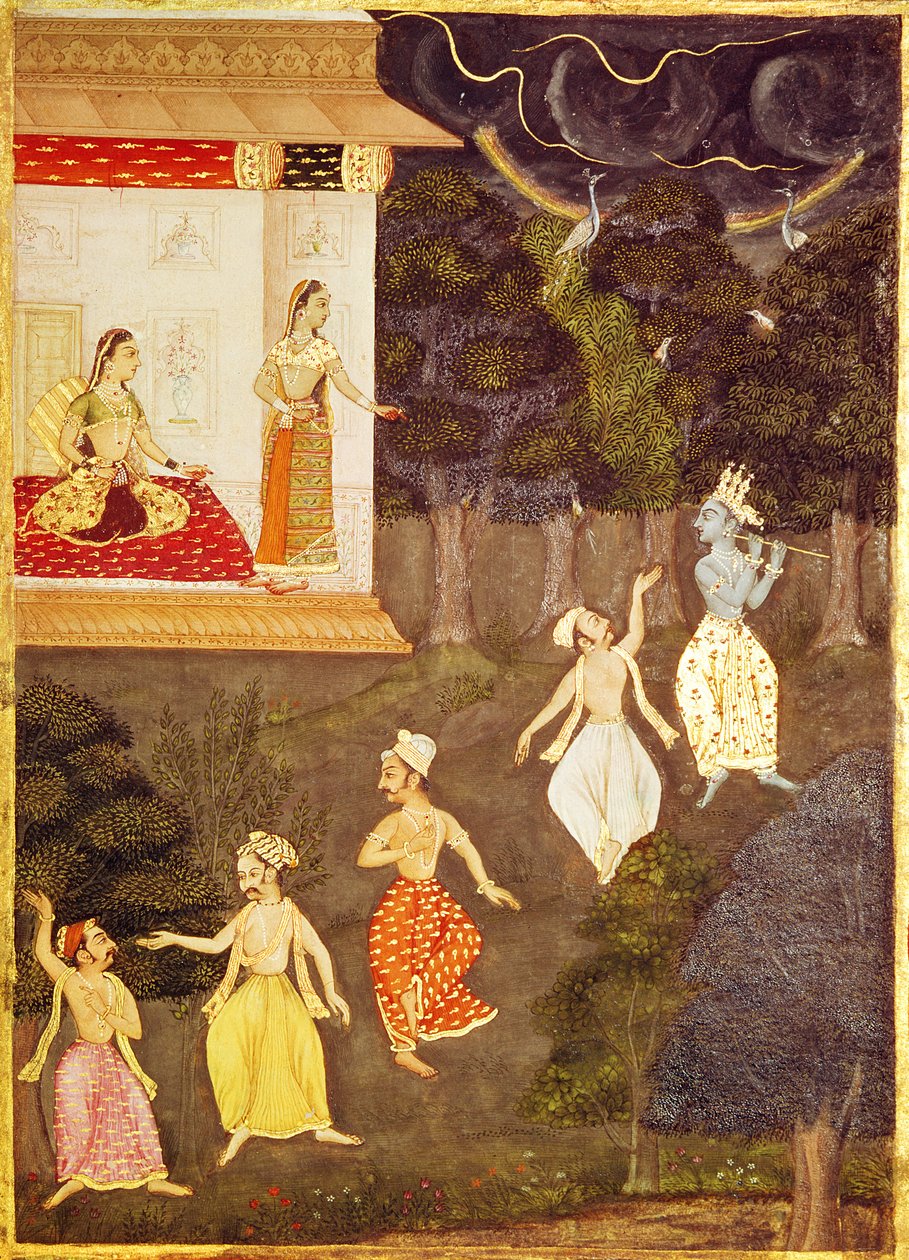 Krishna flüt çalıyor, ardından dört dansçı, Rajasthan by Indian School