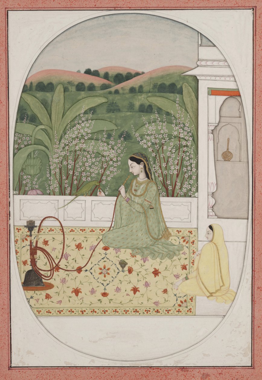 Nargile ile terasta bayan, 1770 dolayları (kağıt üzerine guaj ve altın) by Indian School