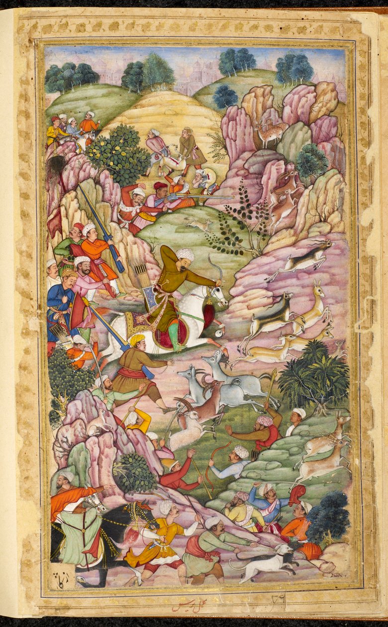 Ali Shang ve Alangar arasında, Kabil (Afganistan) bölgesinde İmparator Babur avı. Farsça el yazması Vaqi at i Baburi