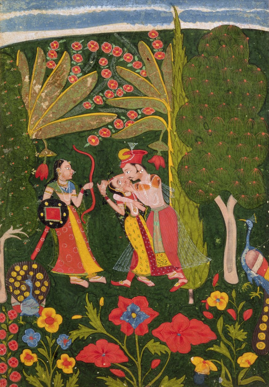 Bir Ormanda Kucaklayan Aşıklar, Bundi, c.1650 (parşömen üzerine guaj) by Indian School