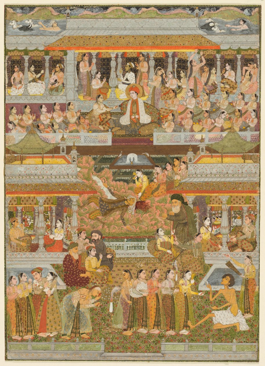 Aşıklar ve sevgililer: Fars, Urdu ve Sanskrit edebiyatından sahnelerin bir bileşimi, c. 1735 (kağıt üzerine altın ile mat sulu boya) by Indian School