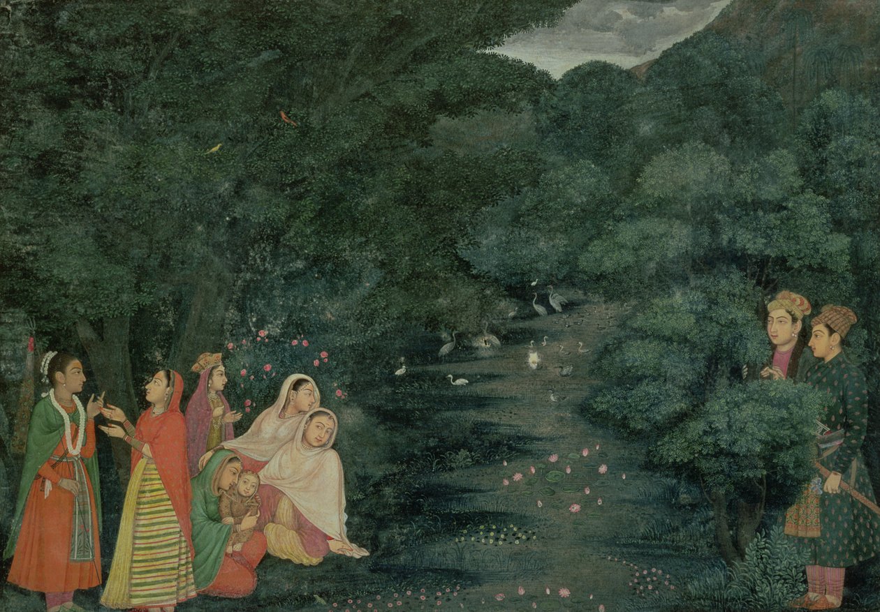 MS 34.17 Kadınlar ve bir çocuk, geceleri ormanda bir dere kenarında, iki asilzade tarafından izleniyor, Lucknow, Mihr Chand Okulu, c.1760, (kağıt üzerine guaj boya ve kenarlıklı) by Indian School