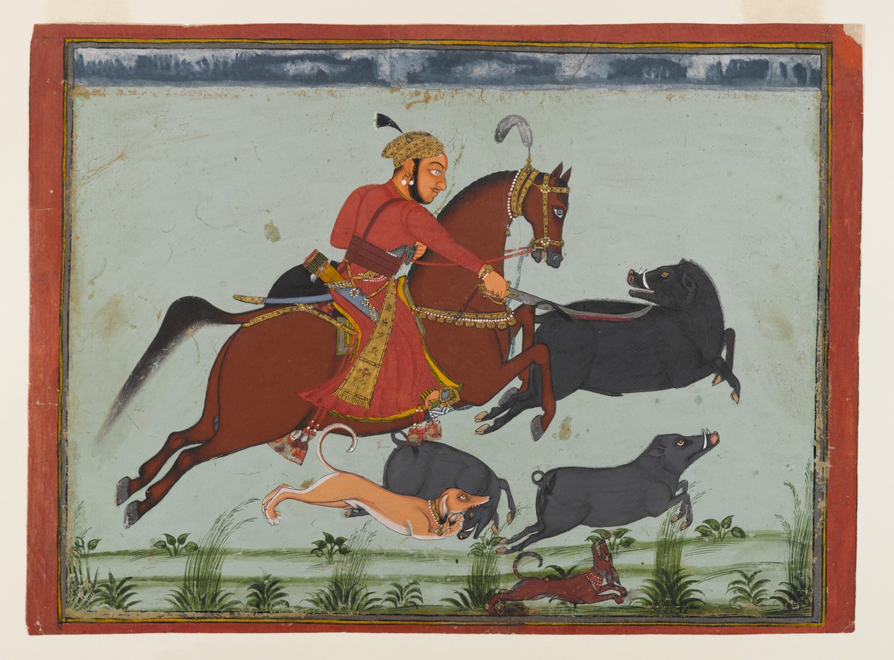 Mewar Av Domuzu Maharaja Pratap Singh II, c.1750-75 (kağıt üzerine suluboya, altın ve gümüş) by Indian School