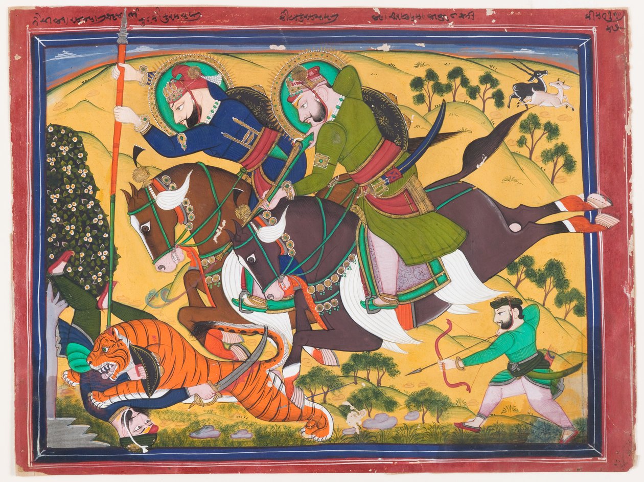 Maharaja Ram Singh bir kaplanı avlarken, 19. yüzyılın ikinci çeyreği (kağıt üzerine suluboya) by Indian School
