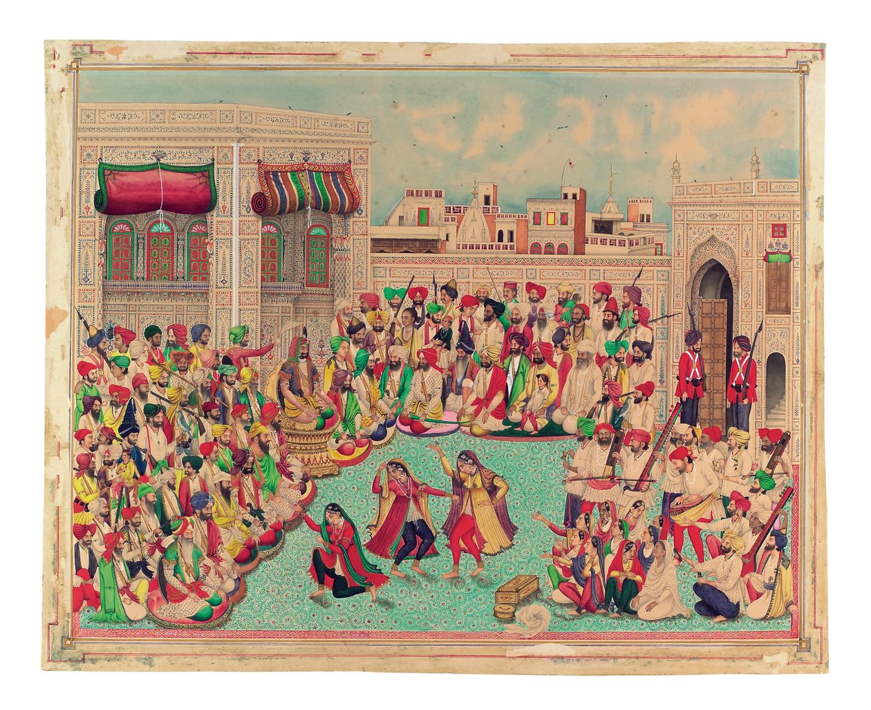 Maharaja Sher Singh ve Arkadaşları Bir Dans Gösterisini İzliyorlar, c.1850 (kağıt üzerinde opak suluboya ve altın rengi) by Indian School