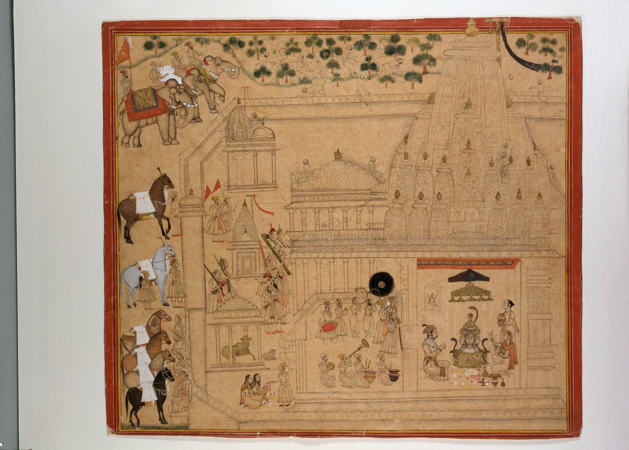Eklingji tapınağındaki Mewar'lı Maharana Amar Singh, 1695 dolayları (kağıt üzerinde altın ve gümüş ile guaş) by Indian School