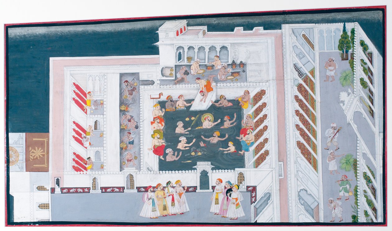 Maharana Jagat Singh II saray havuzunda oynuyor, c.1746-50 (kağıt üzerinde opak wc ve altın) by Indian School