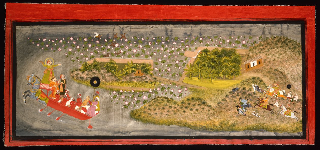 Maharana Jagat Singh II şahinlik ve domuz avcılığı, c.1740 (kağıt üzerinde opak, gümüş ve altın, bir albüm sayfasına monte edilmiş) by Indian School