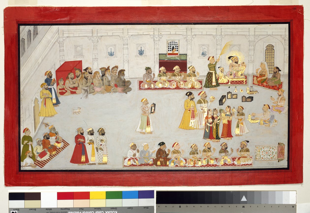 Maharana Sangram Singh Çocukları ve Saraylılarla, c.1715 (kağıt üzerinde opak wc ve altın, bir albüm sayfasına monte edilmiş) by Indian School