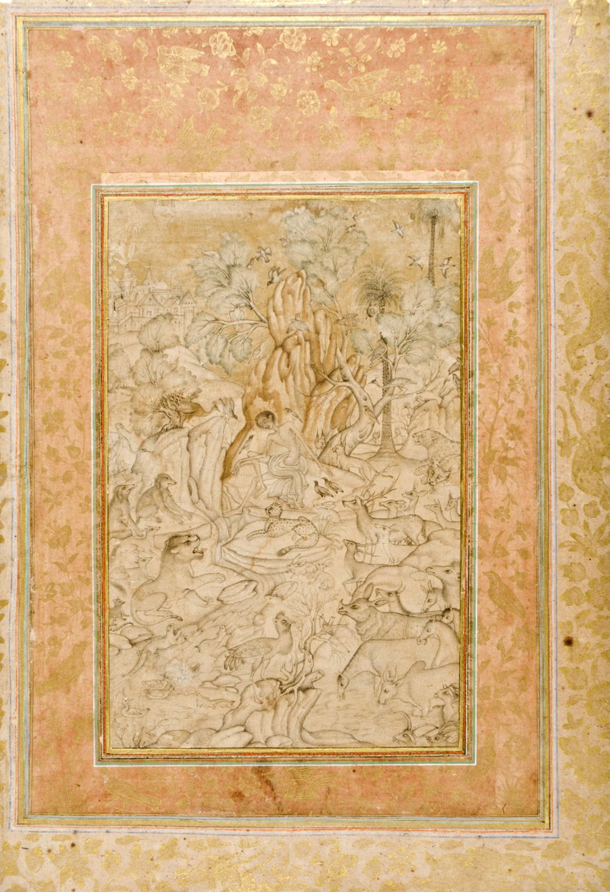 Mecnun vahşi doğada, c.1595 (kağıt üzerinde opak wc ve altın) by Indian School
