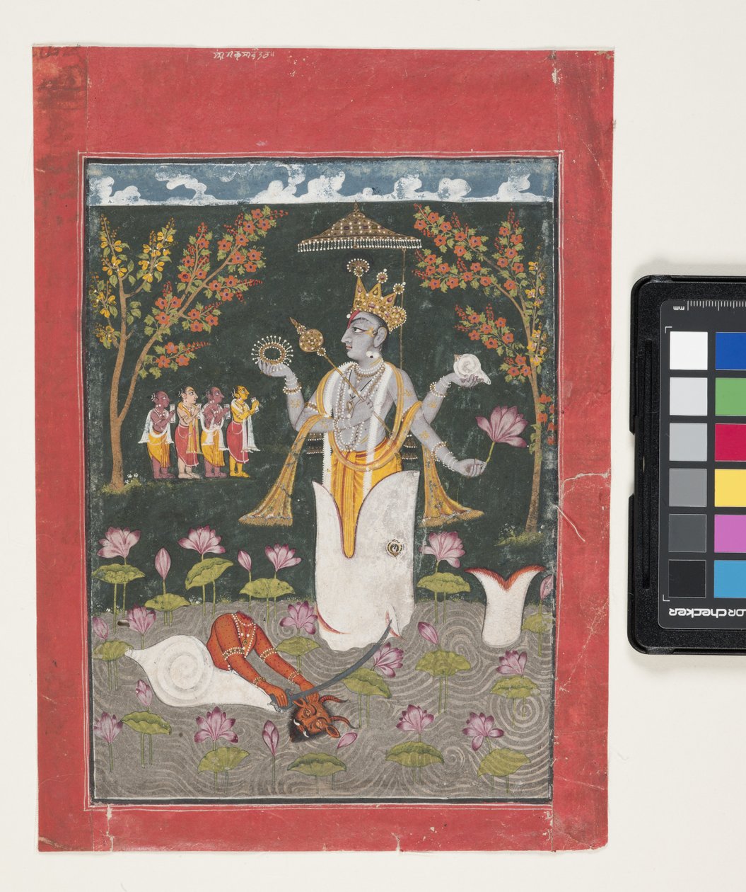 Matsya Vishnu Avatarı: The Slaying Of Sankh Asura (kağıt üzerinde guaj ve altın varak) by Indian School