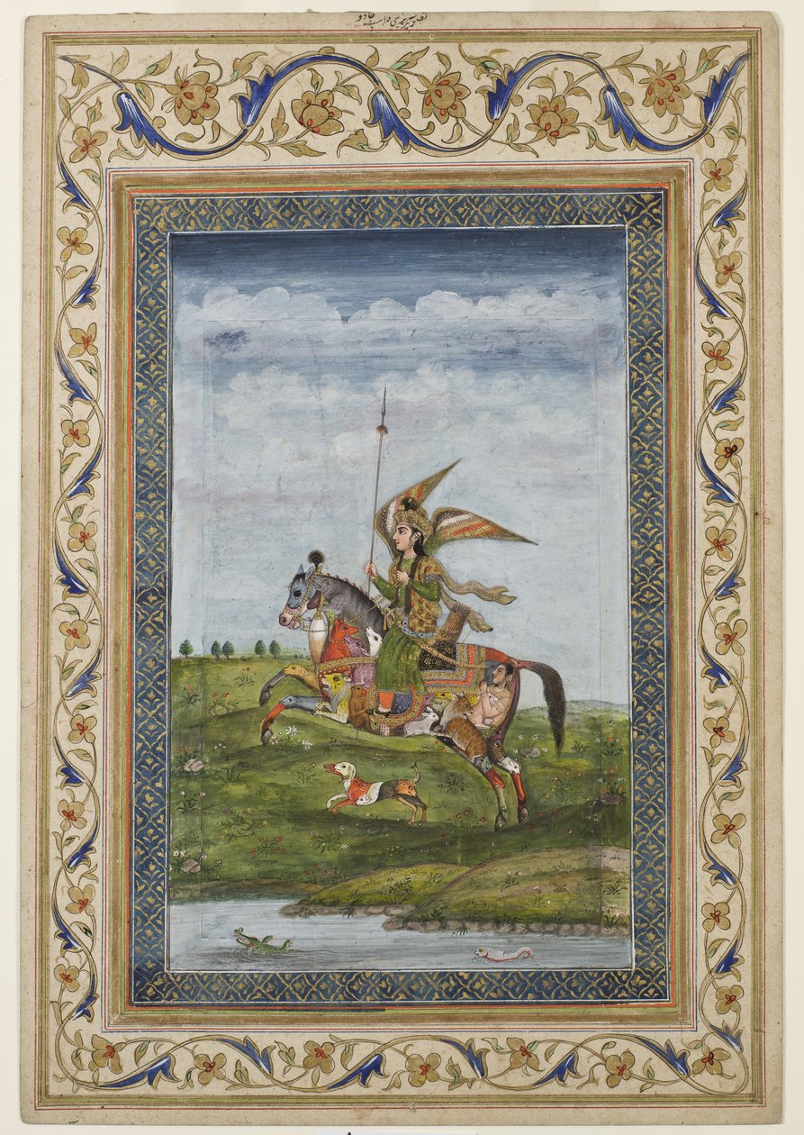 At üzerinde kanatlı bir figürün sahnesini betimleyen minyatür, muhtemelen Delhi okulu, Babür, Hint, 19. yüzyılın başları (suluboya ve kağıt üzerine yaldız) by Indian School