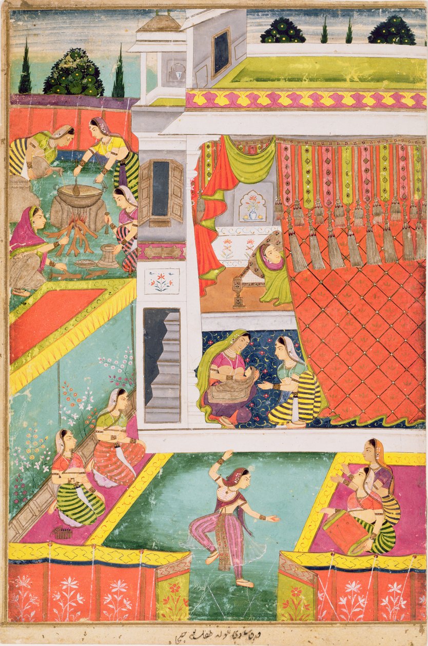 Bir çocuğun doğumunu kutlayan minyatür resim, muhtemelen Aurangabad, Deccan (devetüyü kağıt üzerinde opak mineral renkler) by Indian School