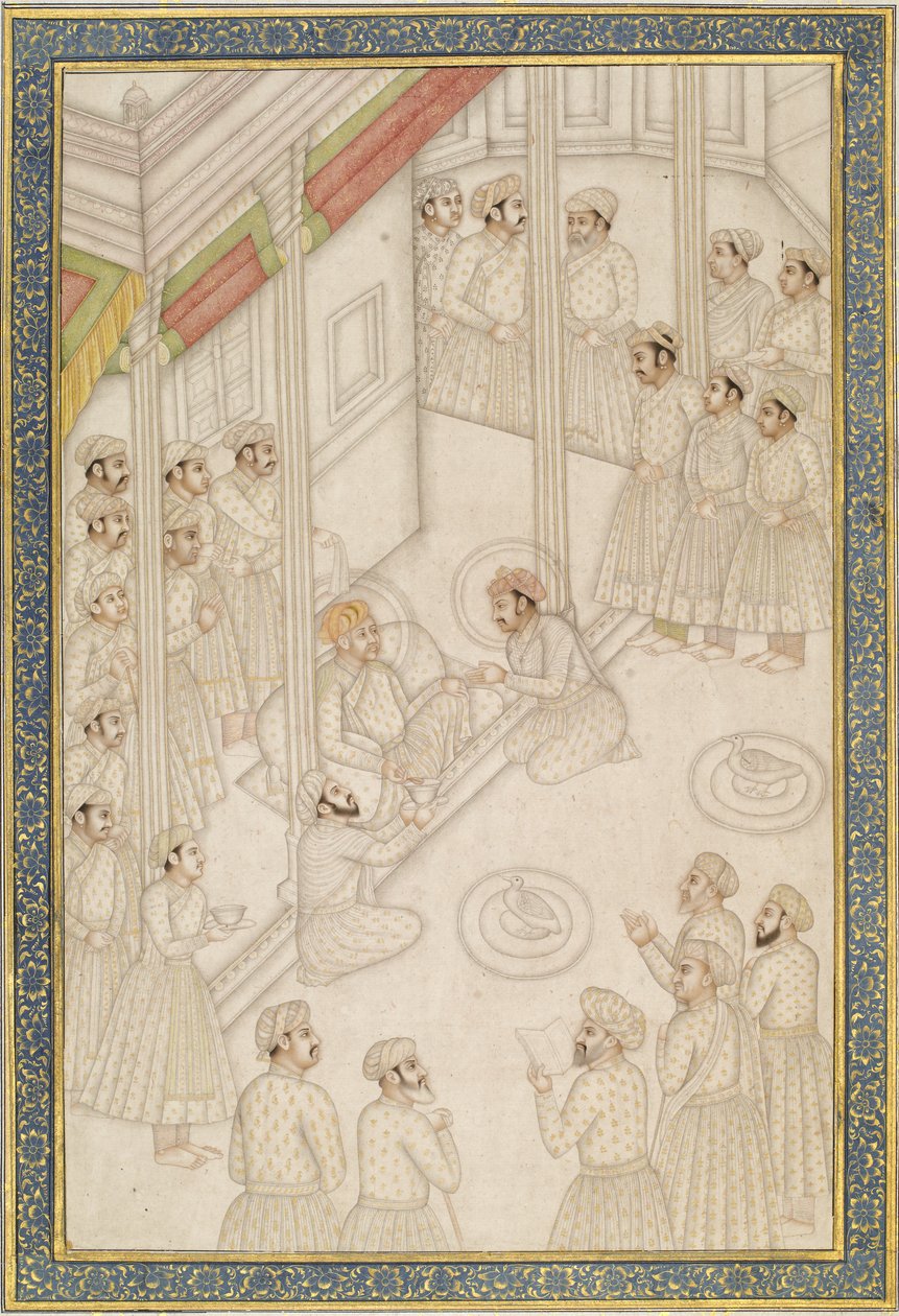 Babür İmparatoru Ekber Holding Mahkemesi, Son Hastalığı Sırasında, 18. yüzyılın ortalarında (albüm yaprağı; cilalı kağıt üzerinde altın ile pigment) by Indian School