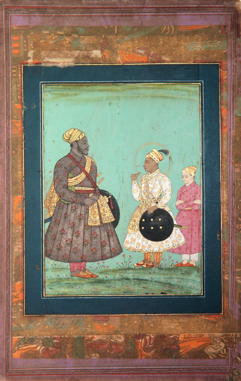 Murtaza Nizam Şah, siyah bir vezir, muhtemelen Malik Ambar ve genç bir adamla, 1680 civarı (kağıt üzerine opak suluboya ve altın) by Indian School
