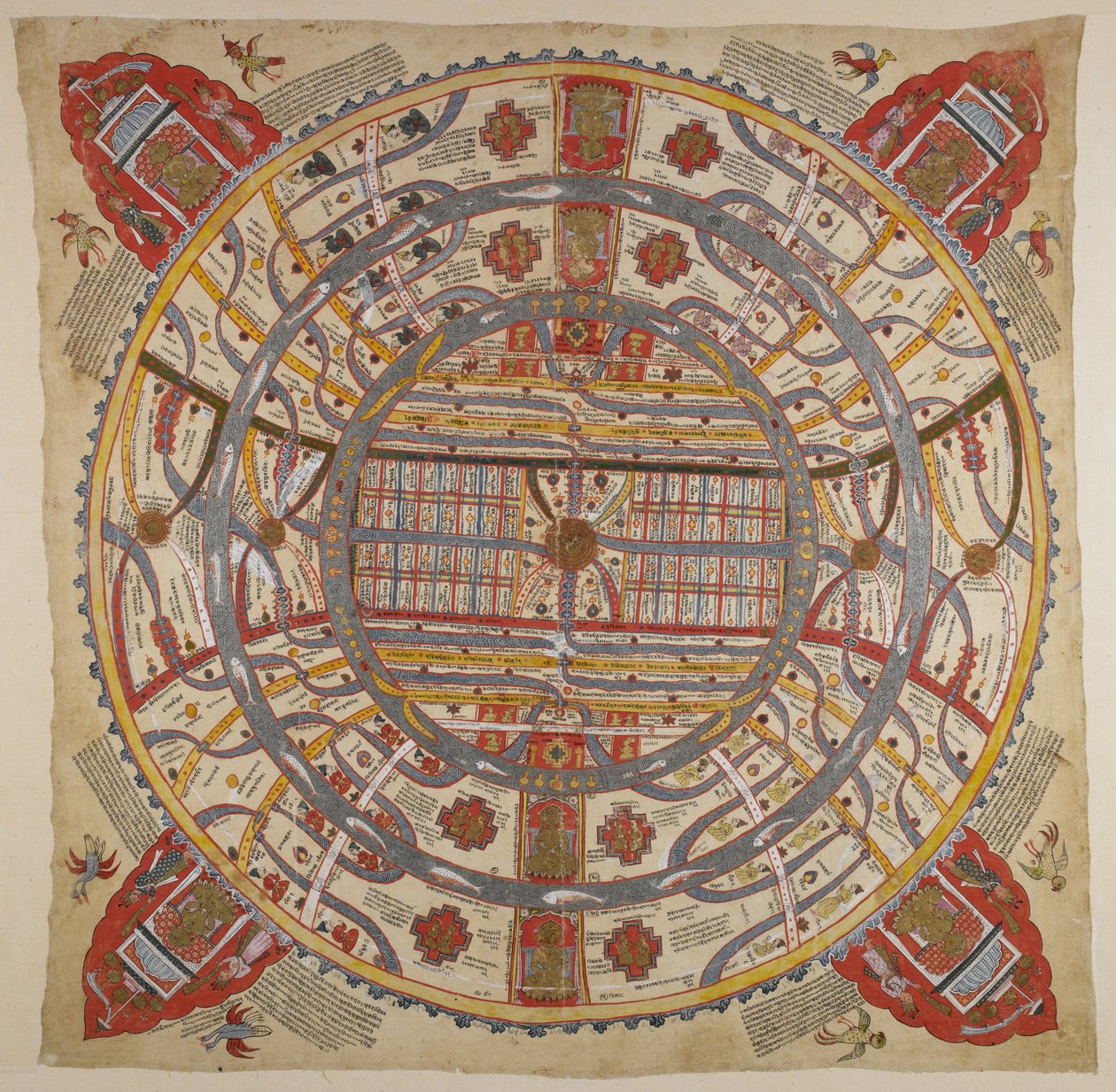 Veya 13937 f.1 Sanskritçe ve Gujarati metinli Evrenin Şeması (kumaş üzerine sulu boya) by Indian School