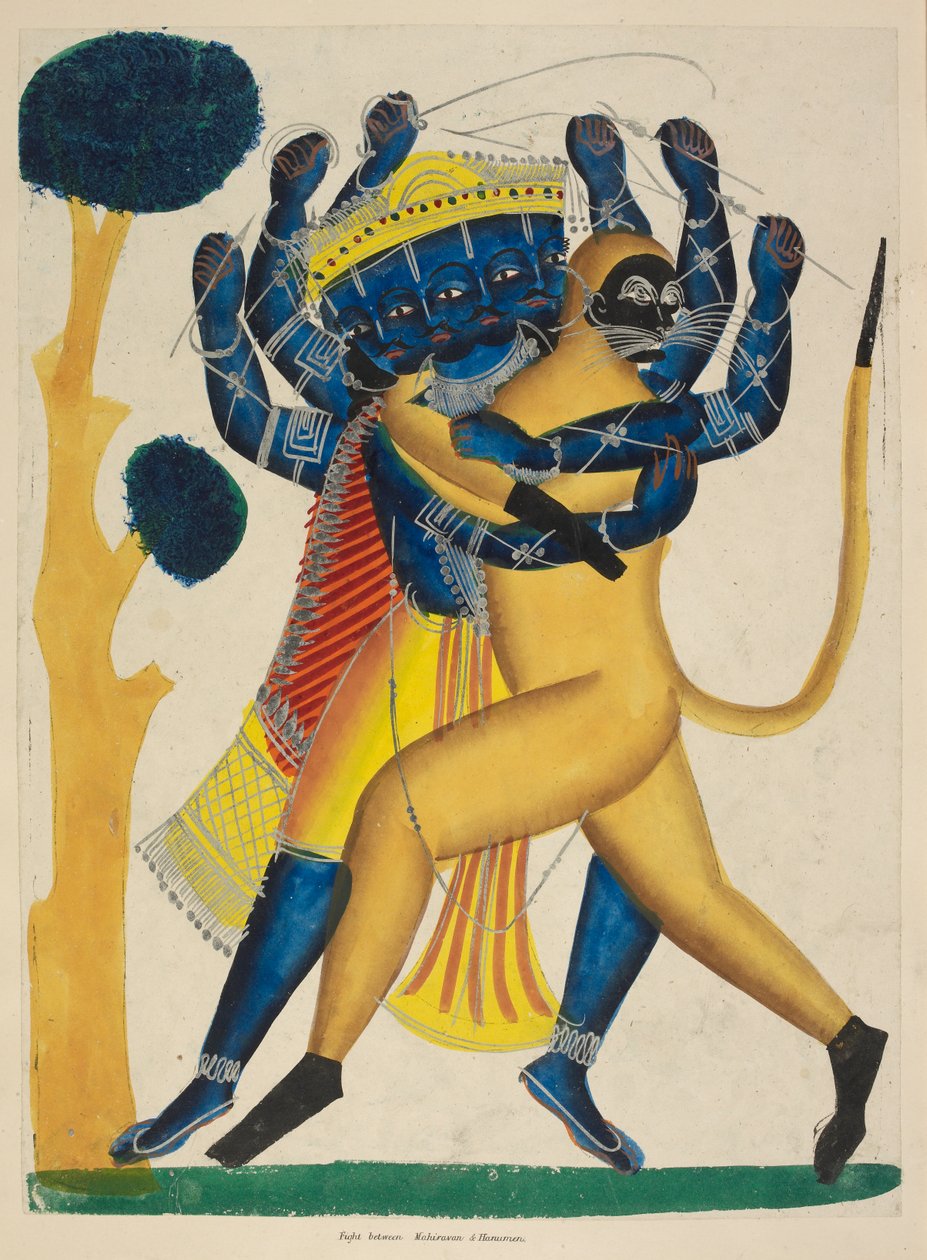 Veya. 891 Hanuman, Ravana ile savaşıyor, c.1865 (kağıt üzerine suluboya) by Indian School