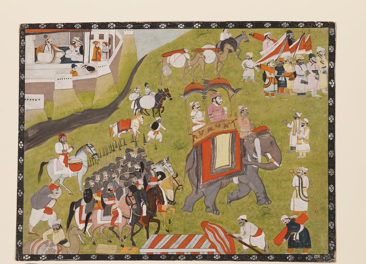 Silahlı eskort ve hizmetlilerle fil üzerinde bir Raja alayı, 19. yüzyılın 2. yarısı (kağıt üzerine guaj) by Indian School