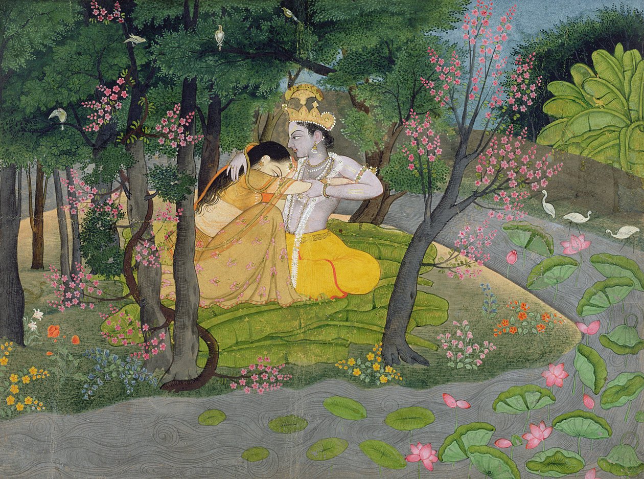 Radha ve Krishna çiçekli ağaçlardan oluşan bir koruda kucaklaşıyorlar, c.1780 (kağıt üzerinde wc) by Indian School