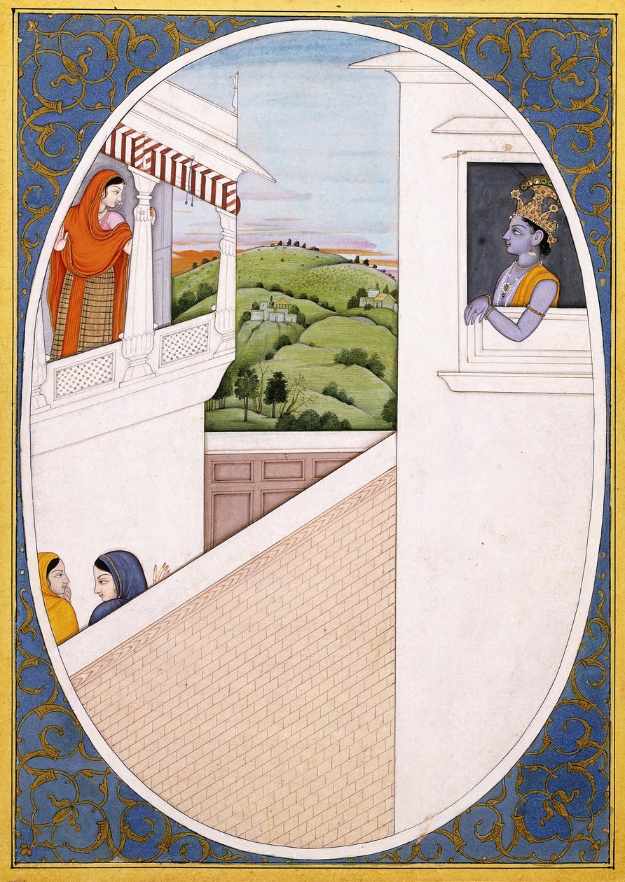 Radha ve Krishna, birbirlerinin güzelliğinden mest olmuş, c.1785 by Indian School