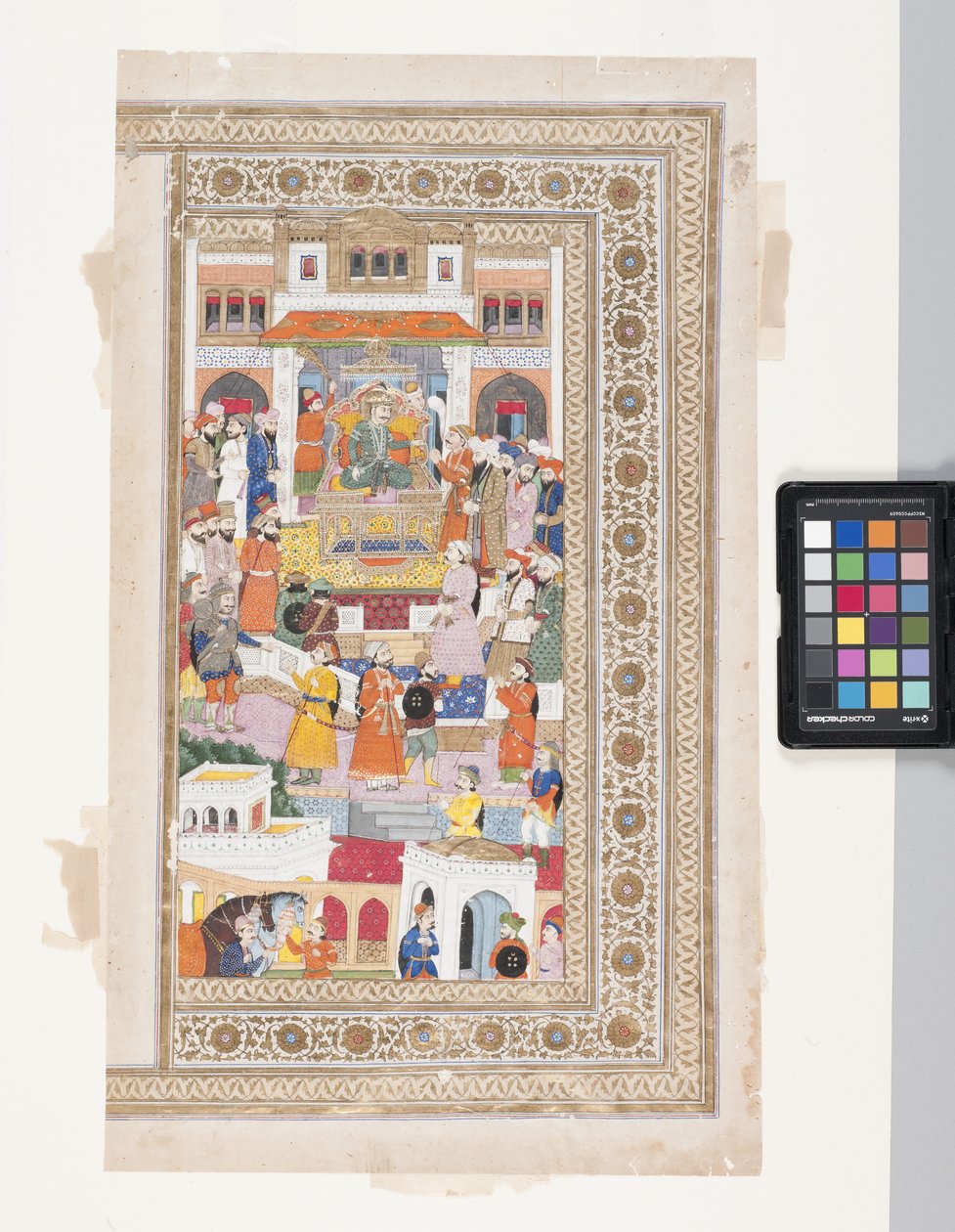 Raja With Courtiers (parşömen üzerine kalem, mürekkep, guaş ve altın varak) by Indian School