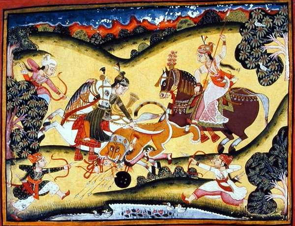 Rajput Prensesleri Aslanı Öldürüyor, Bundi Okulu, c.1810-20 (kağıt üzerinde guaj) by Indian School