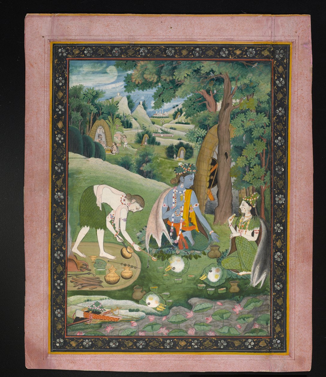 Rama, Lakshmana ve Sita Vahşi Doğada Yemek Pişirme ve Yeme, 1820 dolayları (kağıt üzerinde altın ile guaj) by Indian School