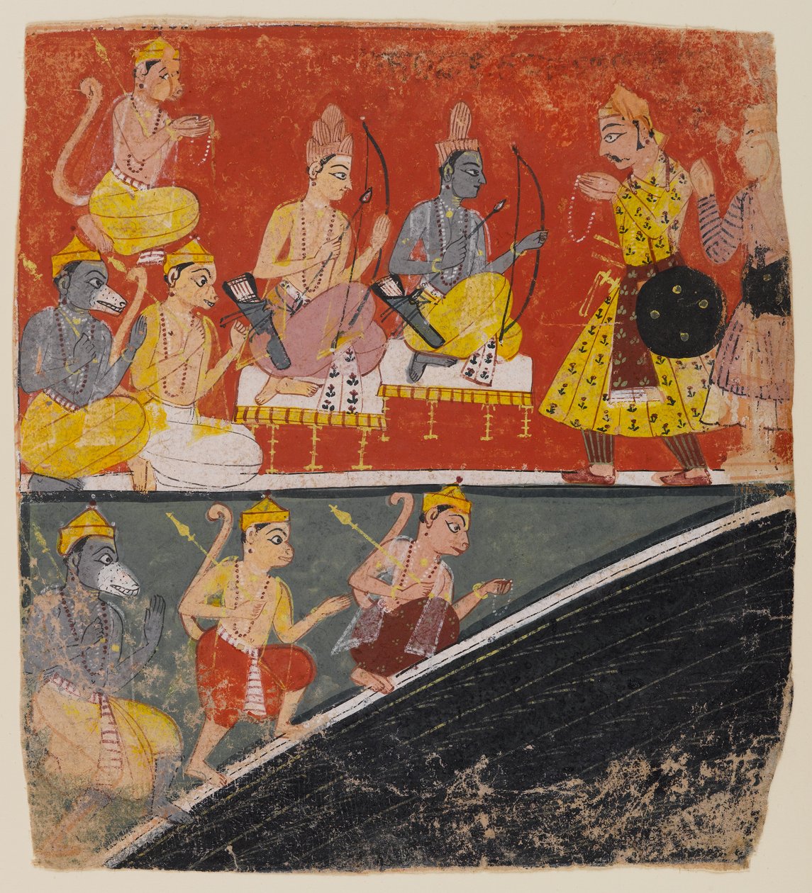 Rama ve Lakshmana elçiler alıyor, dağınık bir Ramayana serisinden sayfa, c.1634 (kağıt üzerinde wc) by Indian School