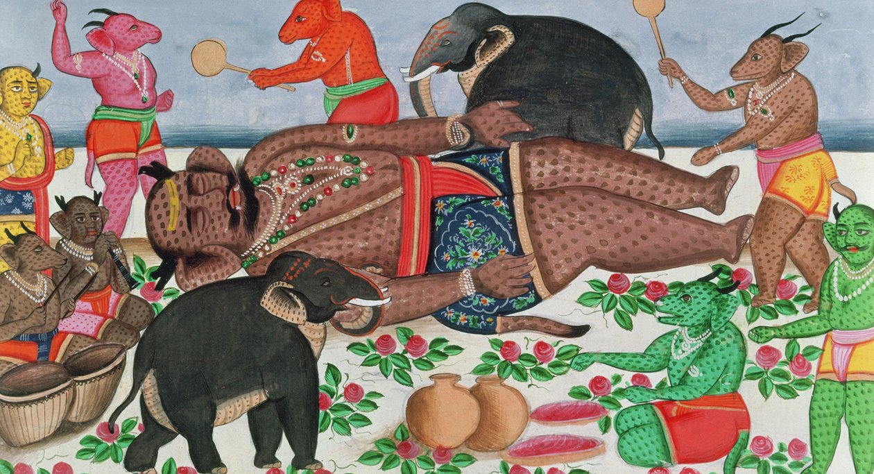 Ramayana sahnesi: prenslerini kış uykusunda uyandıran bir grup iblis (kağıt üzerinde guaj ve tuvalet) by Indian School