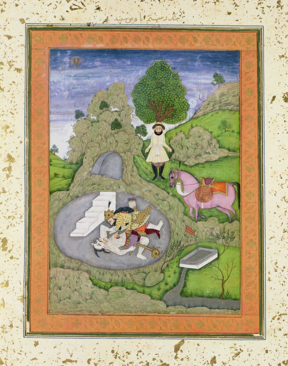Rüstem Beyaz Şeytanı Öldürüyor, Büyük Clive Albümünden Abu'l-Qasim Manur Firdevsi'nin (c.934-c.1020) 'Shahnama' (Krallar Kitabı)'ndan bir örnek by Indian School
