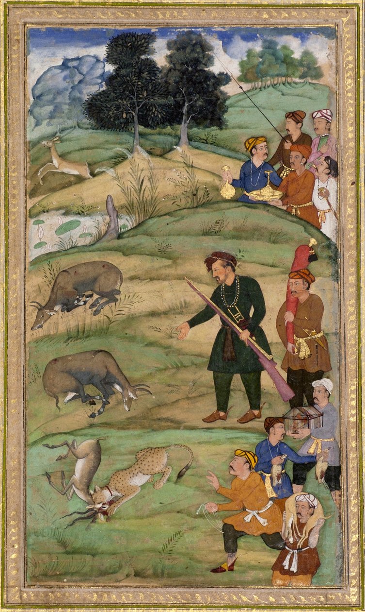 Salim, tüfeğini tutuyor, ölü bir nilgaiyi işaret ediyor, c.1600 (kağıt üzerinde opak wc ve altın rengi) by Indian School