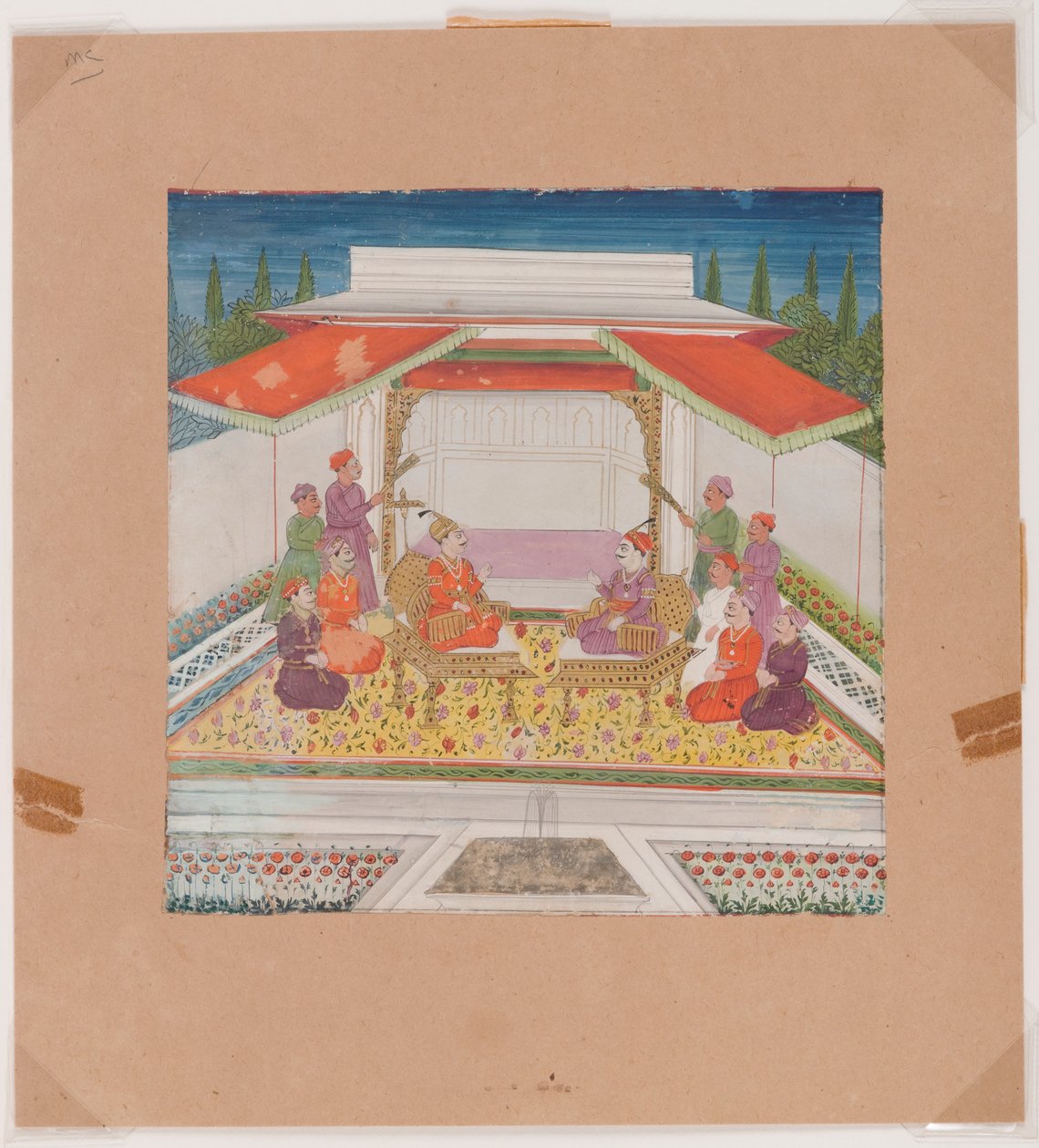Bir şadırvan önünde oturan figürler ve görevliler (kağıt üzerinde opak klozet) by Indian School