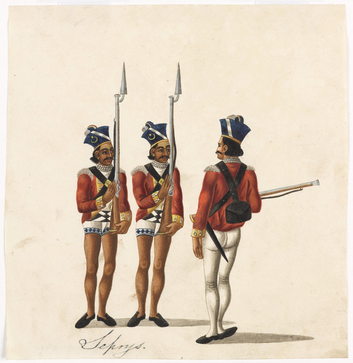 Sepoys ve Hintli bir subay, Bengal Ordusu, c.1815 (kağıt üzerine suluboya) by Indian School