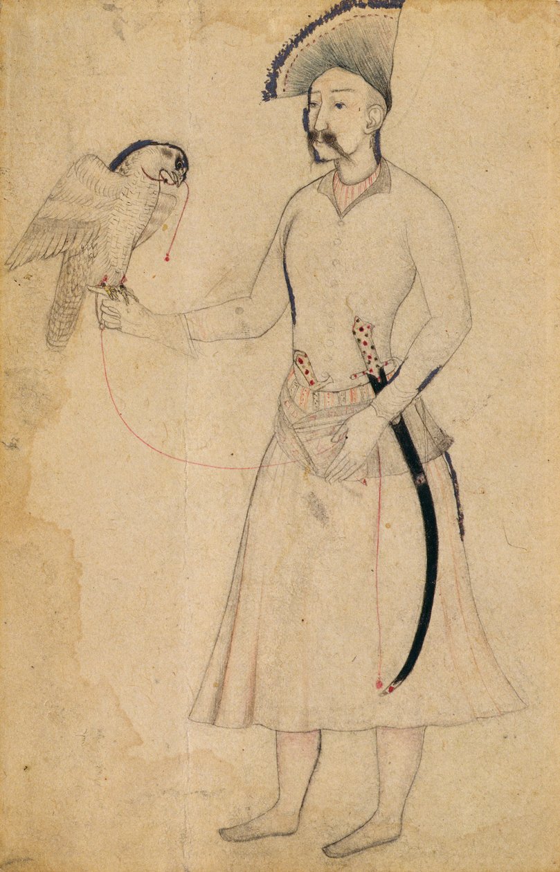 İran Şahı I. Abbas (1588-1629), bir şahin tutan, 17. yüzyılın başlarından kalma bir orijinal, Babür, 19. yüzyılın başlarında (kağıt üzerine fırça çizimi) by Indian School