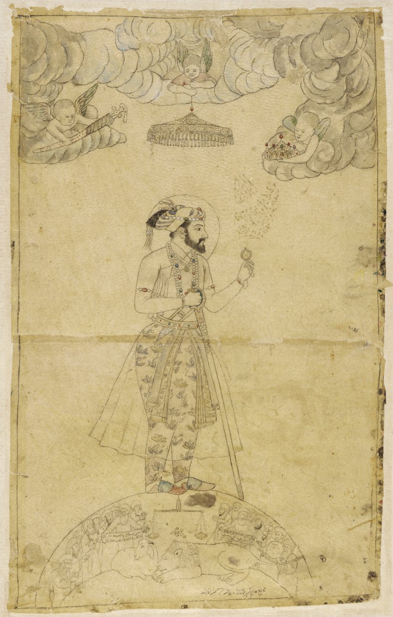 Bir küre üzerinde duran Şah Cihan (kağıt üzerinde altın ve renkli) by Indian School