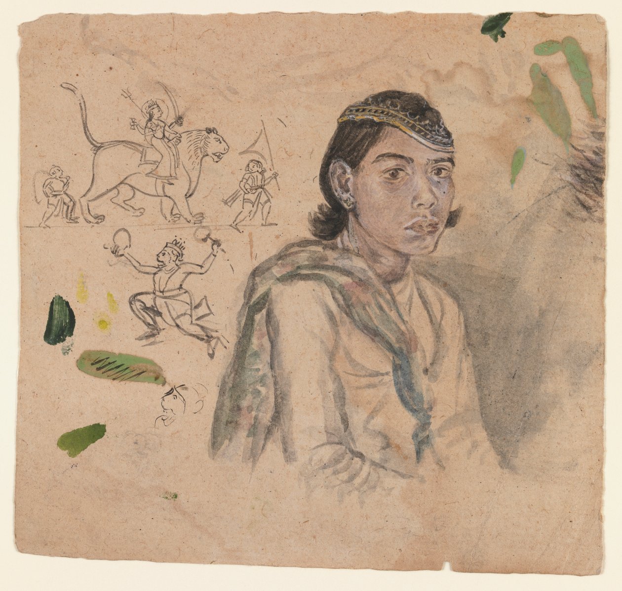 Bir gencin çalışması, c.1800 (kağıt üzerinde mürekkep ve açık renk) by Indian School