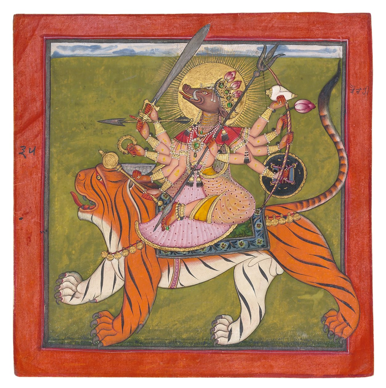 Yaban Domuzu Suratlı Tanrıça, Varahi, c.1660-70 (opak tuvalet, altın, kağıt üzerinde böcek kabukları) by Indian School