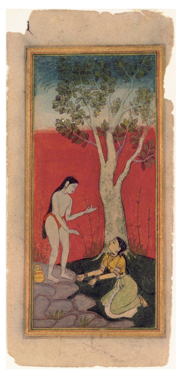 Gök Perisi Adaçayı Yalvarır, c.1600 (kağıt üzerinde opak wc ve altın) by Indian School
