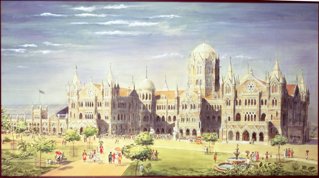 Chhatrapati Shivaji Terminus İstasyonu, Mumbai, Hindistan, 1900 (kağıt üzerinde gövde rengi) by Indian School