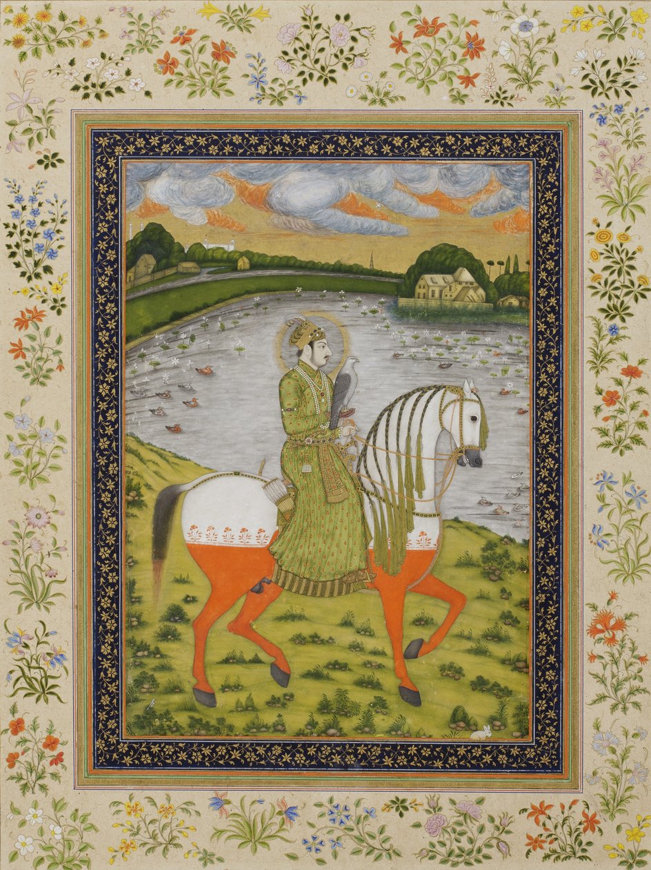 İmparator Muhammed Şah, atlı, av alanında, c.1750 (kağıt üzerinde opak wc ve altın) by Indian School