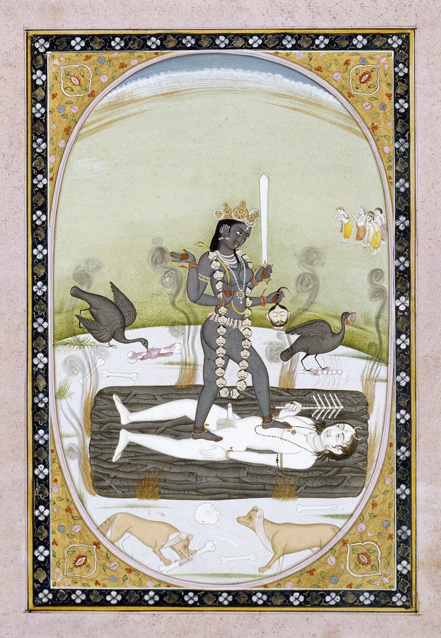 Kangra resminde temsil edilen Tanrıça Kali, Himachal Pradesh, c.1820-5 (kağıt üzerine opak suluboya ve altın boya) by Indian School