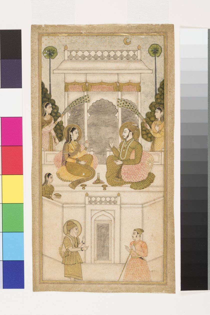 Golkonda Sultanı Quli Qutb Shah, Eşiyle Oturuyor, 1700-25 (kağıt üzerinde opak wc ve altın) by Indian School