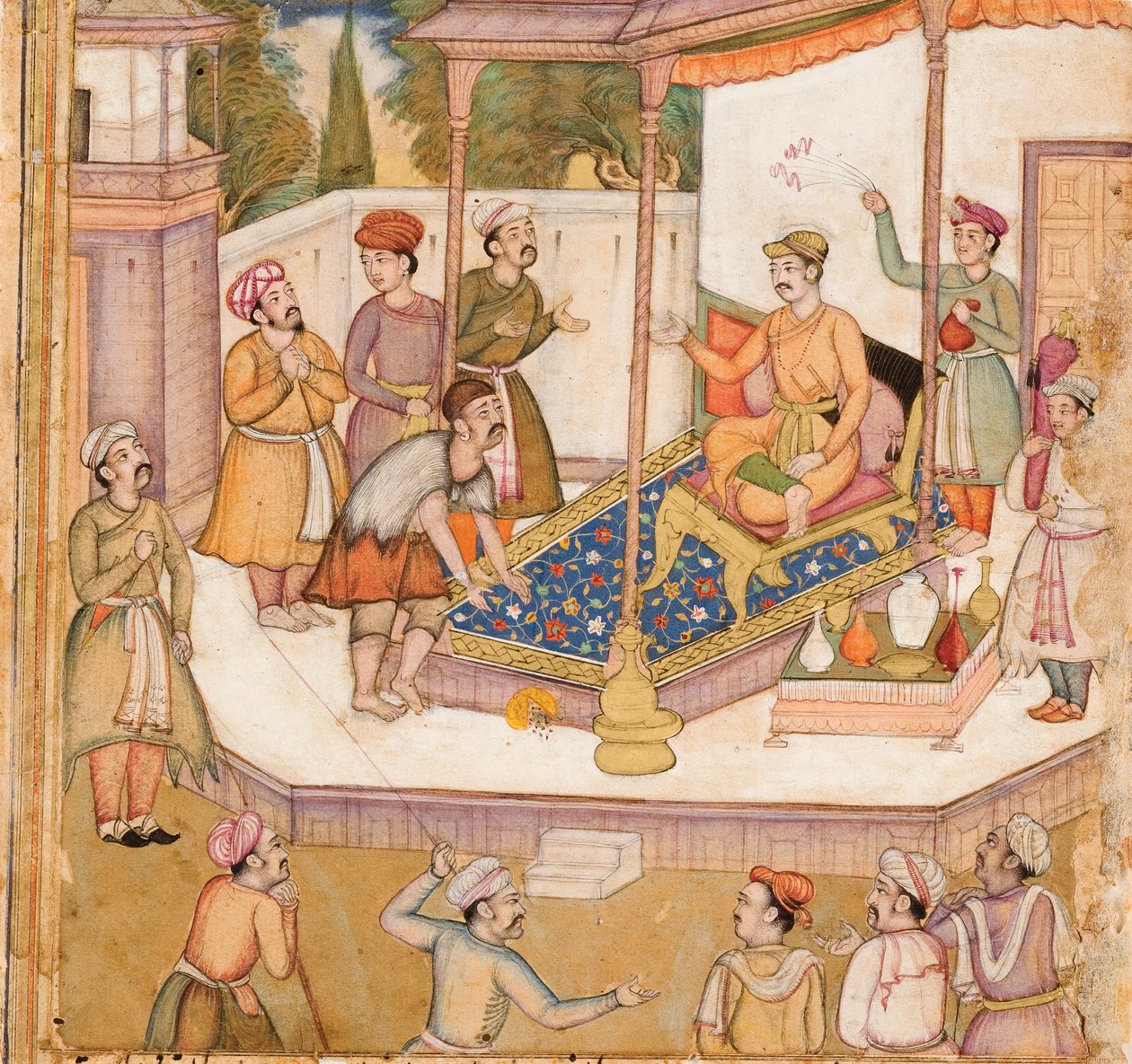 Misafiri ondan günlük 500 dinar isteyen raja, c.1585 (kağıt üzerinde opak wc ve altın) by Indian School