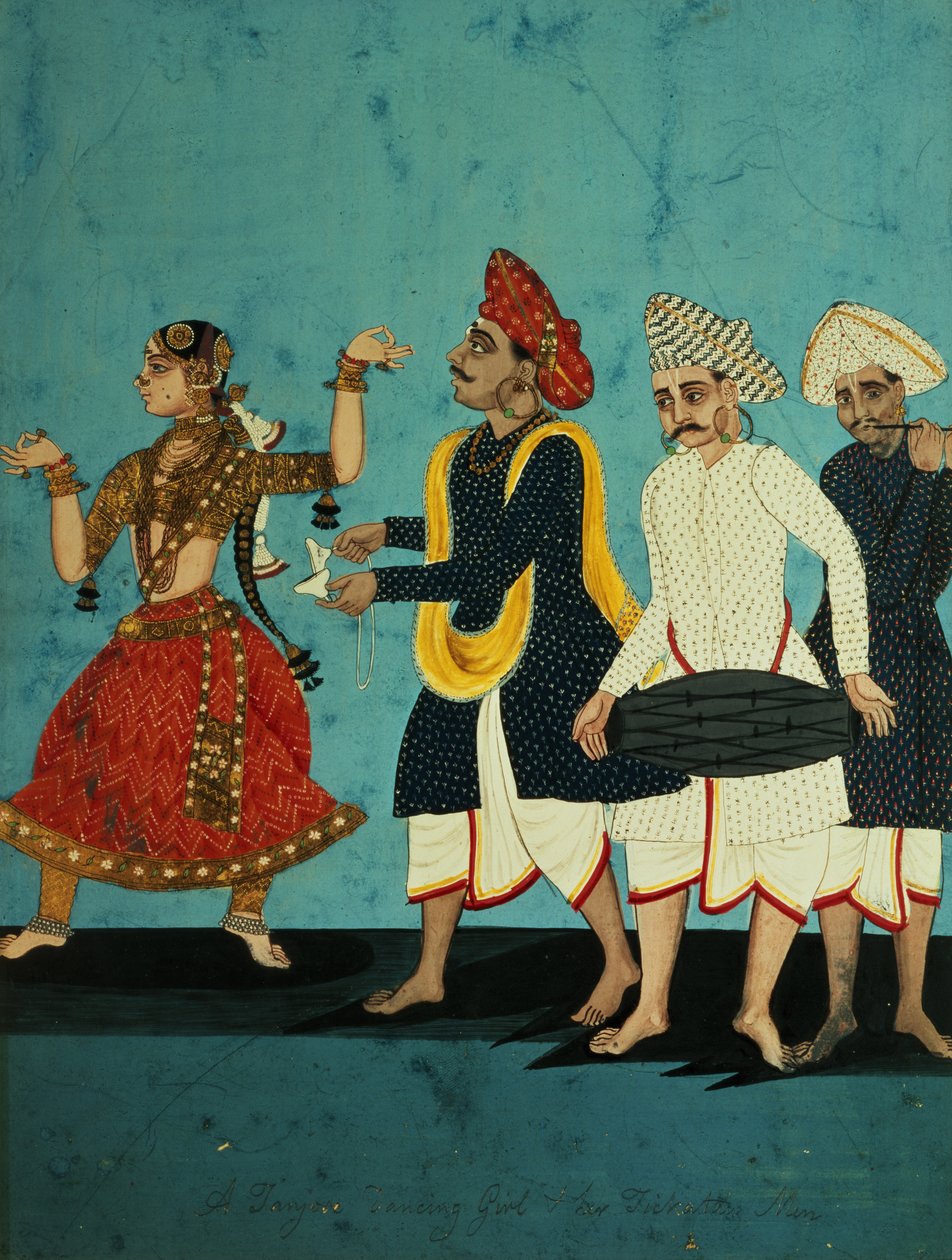 Üç müzisyen ve dans eden bir kız, Tanjore, Tamil Nadu, 1850 dolayları by Indian School