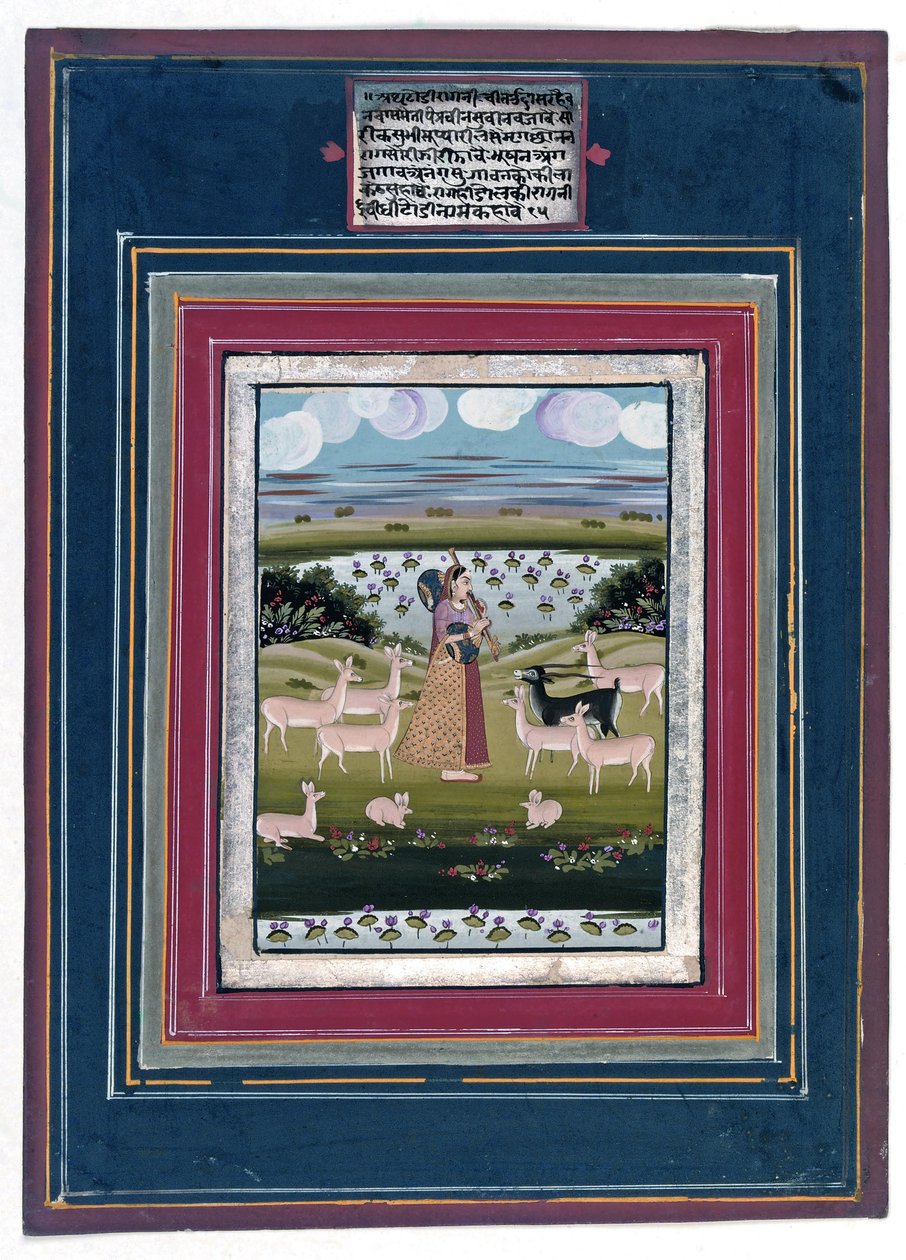 Todi ragini - Hayvanlarla dolu bir manzarada vina oynayan bir kadın, 1810-20 by Indian School