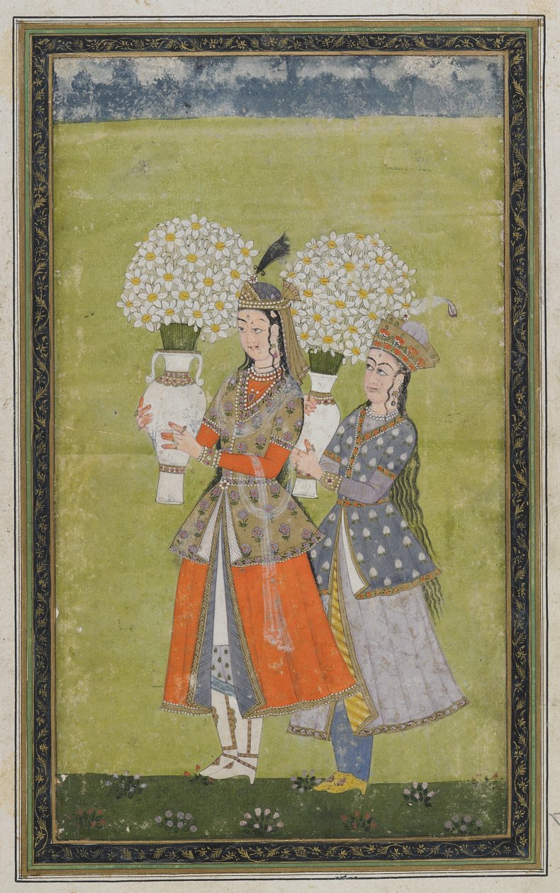 İki bayan çiçek taşıyor, resimli müstakil albüm folyosu, 19. yüzyıl by Indian School