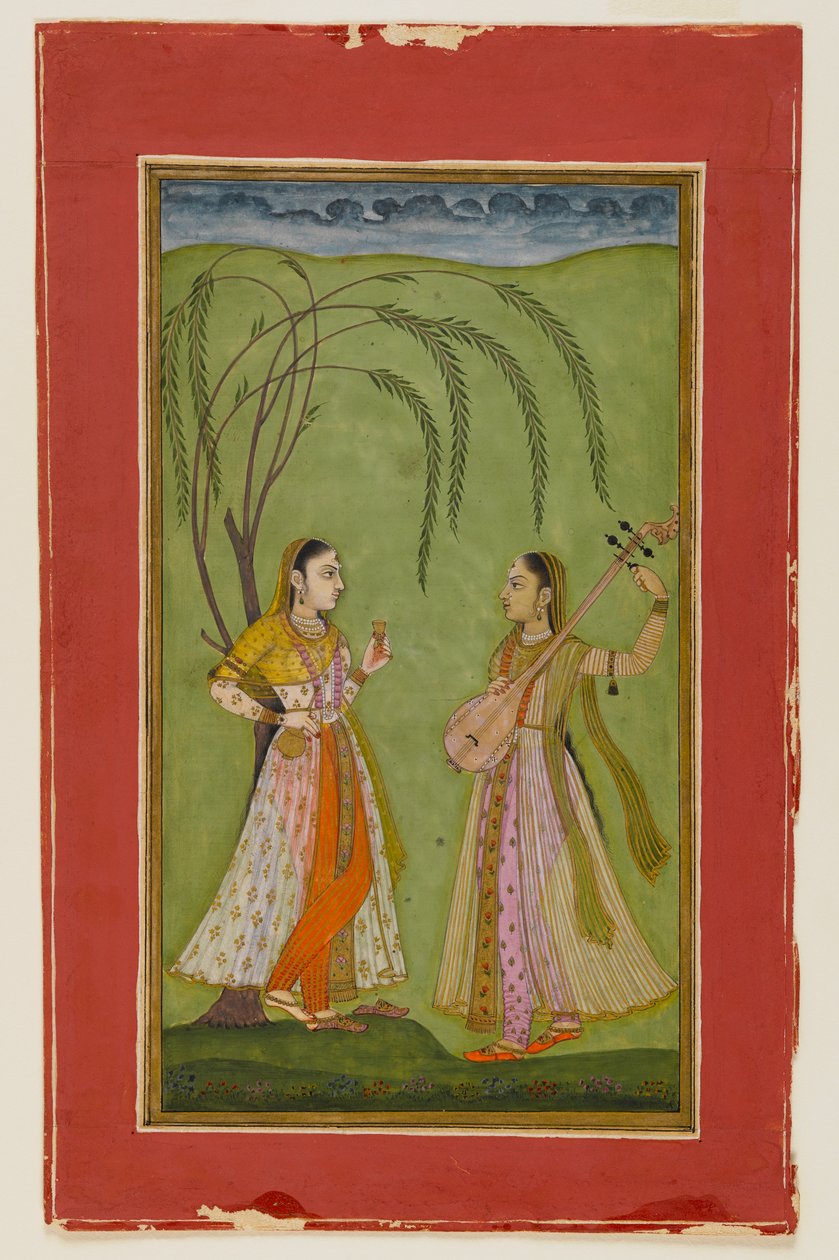 Bir manzarada iki bayan, c.1725 (kağıt üzerinde opak klozet) by Indian School