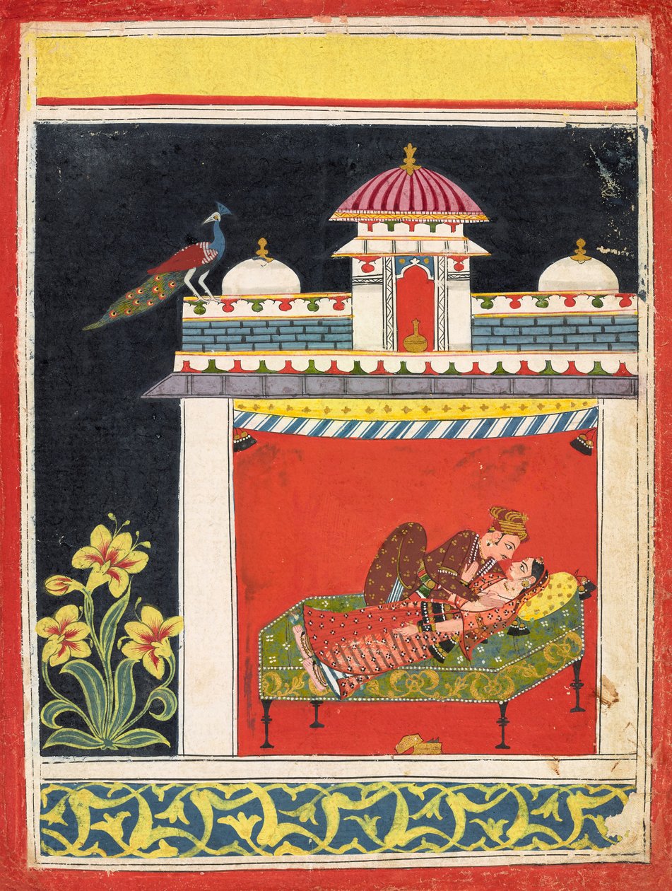 Bir pavyonda iki sevgili, bir "Amarushataka"dan (Amaru'nun Yüzlerce şiiri) veya tanımlanamayan bir erotik diziden, c.1680 (kağıt üzerinde opak suluboya ve altın rengi) by Indian School