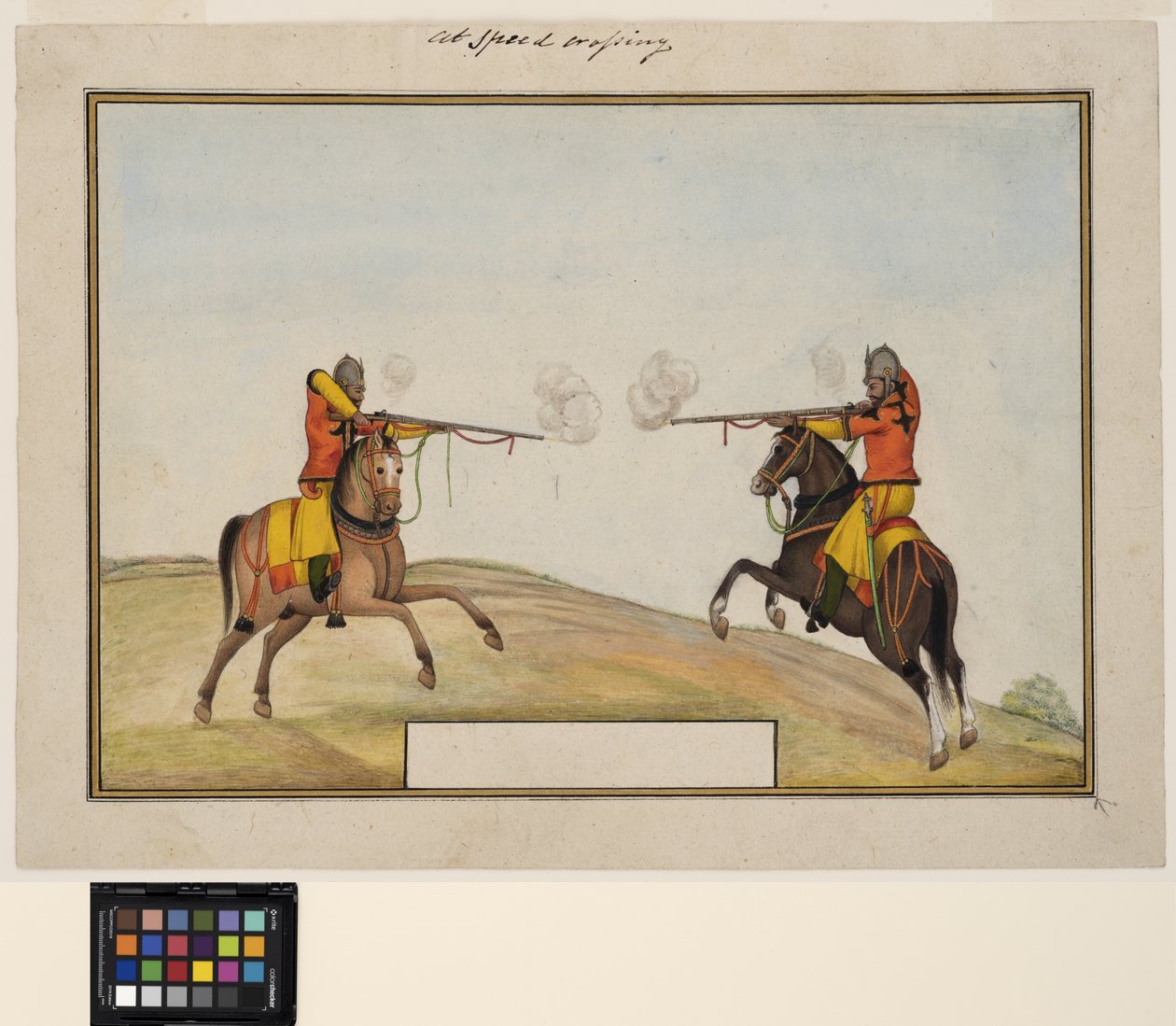 Tüfek ateşi alışverişinde bulunan iki atlı asker, c.1830 (kağıt üzerinde opak suluboya ve altın rengi) by Indian School