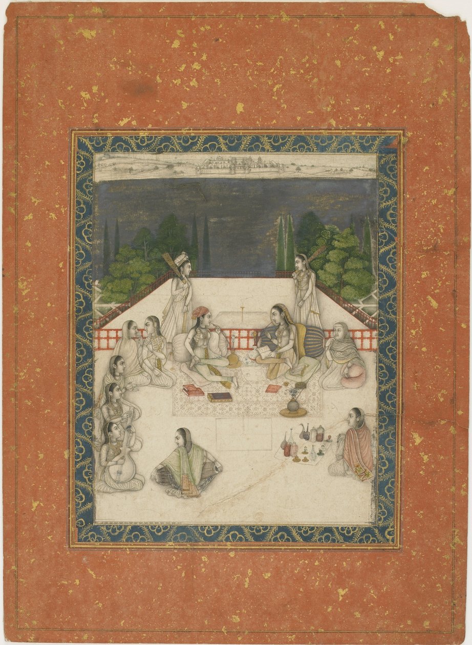 Bir terasta oturan iki kadın, etrafı görevliler ve müzisyenlerle çevrili, c.1650 (kağıt üzerinde opak wc ve altın rengi) by Indian School